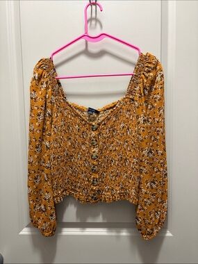 American Eagle Outfitters Mustard Floral Smocked Button-Front Blouse
